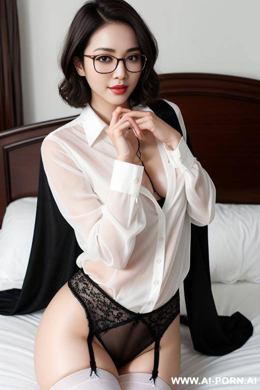 beautiful brunette. wearing glasses with short wavy hair.not wearing any panties. wearing black stockings. white skin. - #main