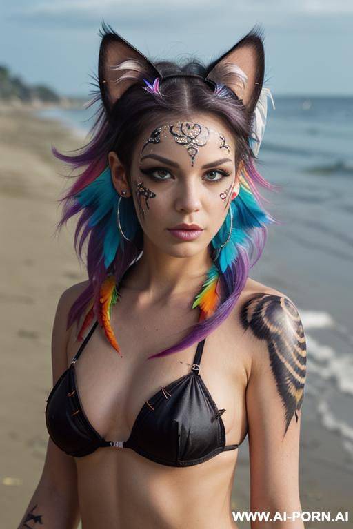 face, sexy, beautiful, ((face painting)), ((bikini as seashell)), ((tattoo roses)), ((eyes shw)), ((angel wings)), ((rainbow hair)), ((sexy expression)), ((long bu hair)), ((wind)), (( cat face)), (( cat - #main