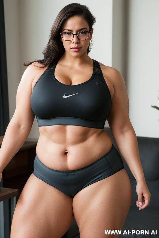 (thick rimmed glasses) (sports bra), massive thighs, gigantic thighs, obese thighs, muscled bulked up thighs, huge thighs, thick thighs, fat thighs, strong thighs - #main