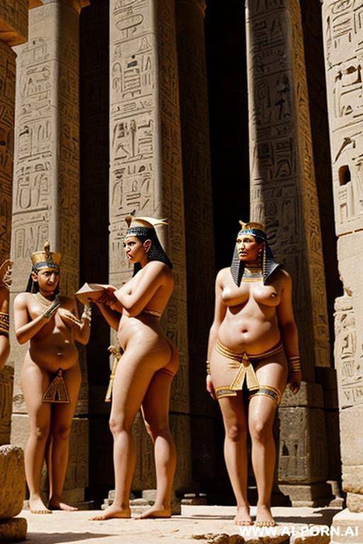 ancient egyptian chubby naked female temple servant shows her shaved vagina to a group of ancient egyptian scribes - #main