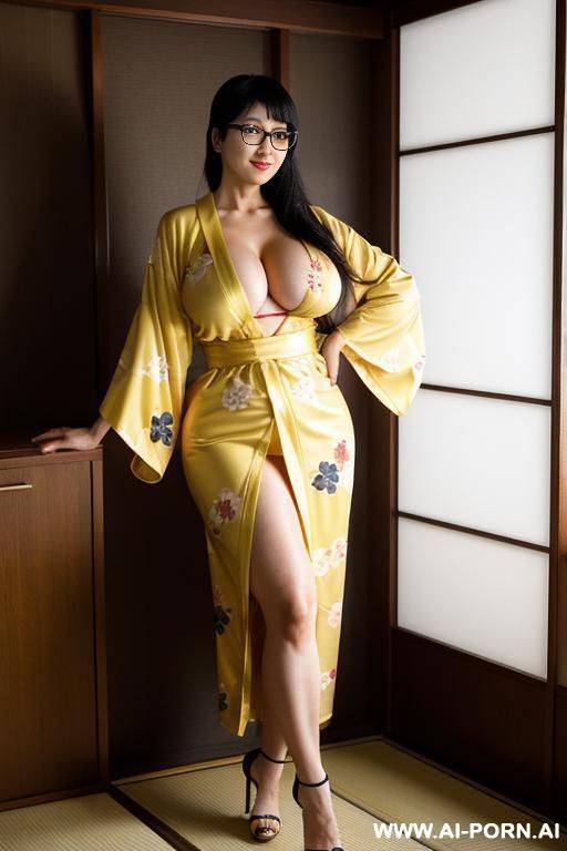 yellow kimono ((full body view)) ((long legs)) ((high heels)) (((arms up))) - #main