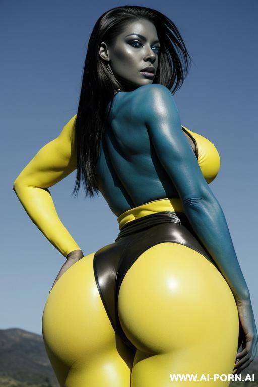 very beautiful and fit extraterrestrial being. she has wild hips and massive ass. her skin is blue, she has big black and yellow eyes. she is two metres tall. - #main