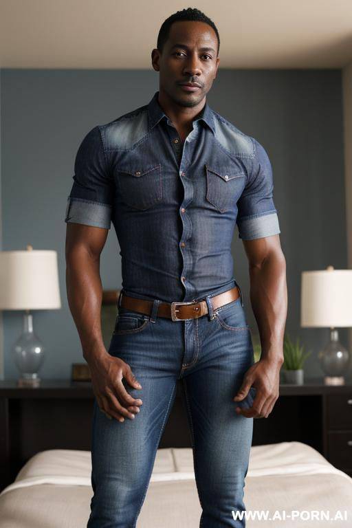 34 year old, african male, lean-built, unbuttoned shirt, blue jeans, relaxed body, 25lbs, proud face, short black hair, bulging crotch, in the bedroom, night, dynamic view - #main