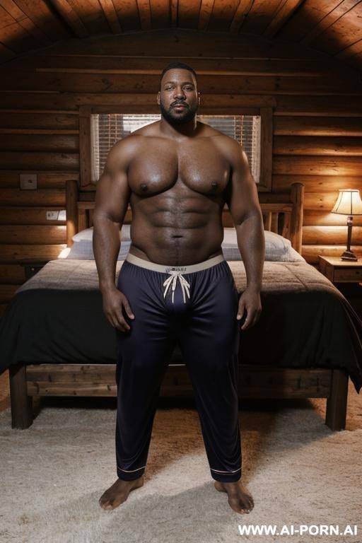 3, african male, dad-bod, topless, pajama pants, relaxed body, 300lbs, proud face, short black hair, bulging crotch, in a cabin, night, dynamic view - #main