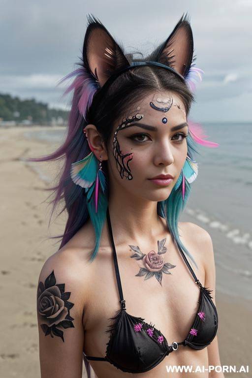 face, sexy, beautiful, ((face painting)), ((bikini as seashell)), ((tattoo roses)), ((eyes shw)), ((angel wings)), ((rainbow hair)), ((sexy expression)), ((long bu hair)), ((wind)), (( cat face)), (( cat - #main