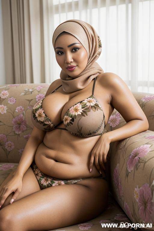hijab malaysian milf have brown skin with big natural breast and butt wearing flower pattern bra and underwear laying on classic grandma style couch big flower fabric pattern ready for having sex natural face without make up - #main