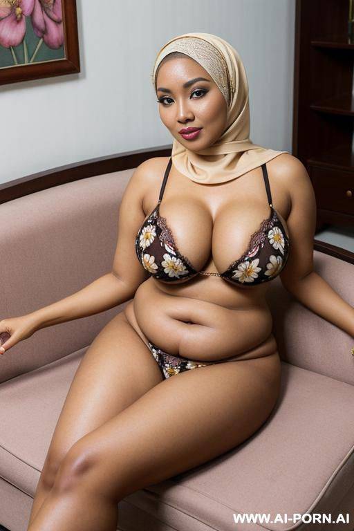 hijab malaysian milf have brown skin with big natural breast and butt wearing flower pattern bra and underwear laying on classic grandma style couch that also have flower pattern ready for having sex - #main