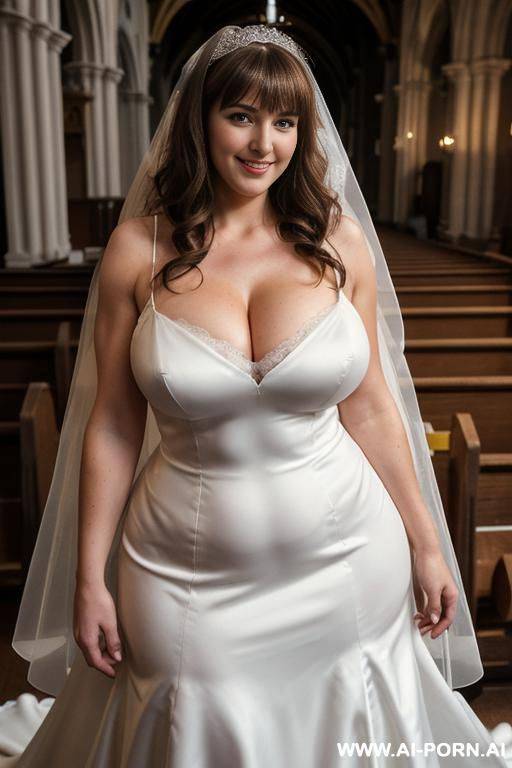 full body shot of a tall, caucasian, ((massive breasts)), ((thick arm muscles)), standing in a church, bangs, wearing a wedding dress and veil showing cleavage - #main