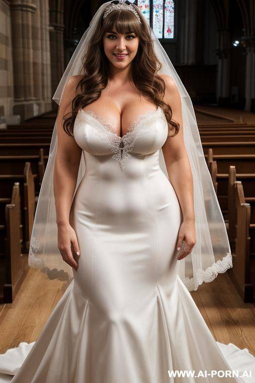 tall, caucasian, supermodel, ((massive breasts)), ((thick arm muscles)), standing in a church, bangs, wearing a wedding dress and veil showing cleavage - #main