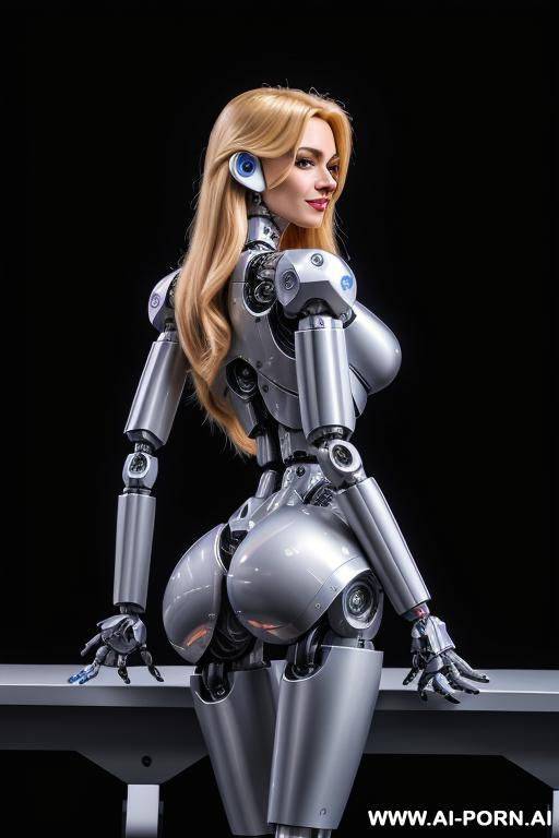 busty robot cop, back view, full body view, looking at viewer, seductive smile, beautiful, long straight blonde hair, (fully robotic body, shapely robotic arms, shapely robotic legs, huge robotic - #main