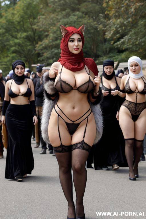 hijab, arafed woman with huge massive boobs,, realistic, high quality, outdoors, audience, group, people in background, carrying bag, v-cut top, no panties, milky juicy nipples - #main
