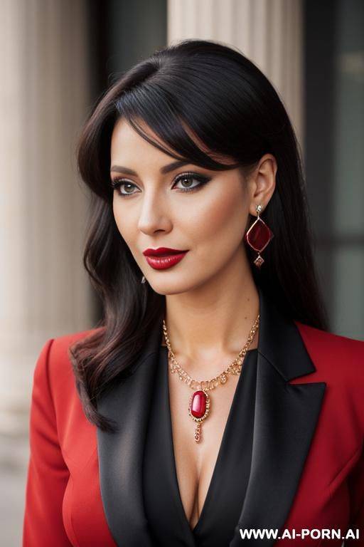 beautiful face, full makeup, earrings, necklace, seductive, provocative, red cloths - #main