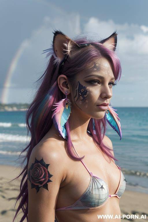 face, sexy, beautiful, ((face painting)), ((bikini as seashell)), ((tattoo roses)), ((eyes shw)), ((angel wings)), ((rainbow hair)), ((sexy expression)), ((long bu hair)), ((wind)), (( cat face)), (( cat - #main
