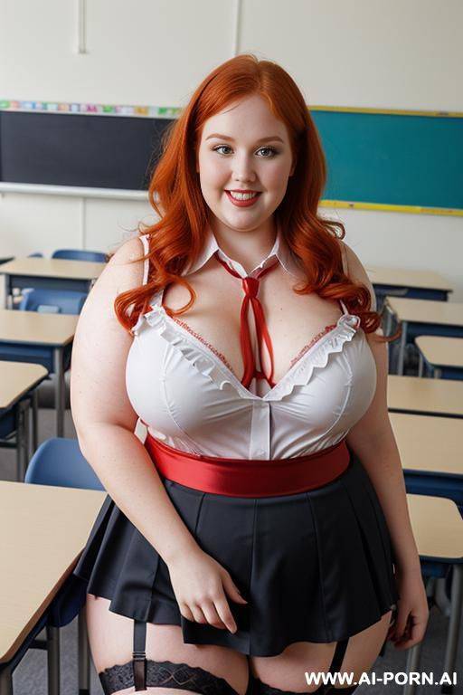half body photo shot close up, about at classroom, chubby ((very obese)) redhead fat bbw curvy teacher, wearing a sexy and hot micro red ruffle skirt, and stocking garter belt lingeries, teaching to the classroom. ((dynamic angle)) - #main