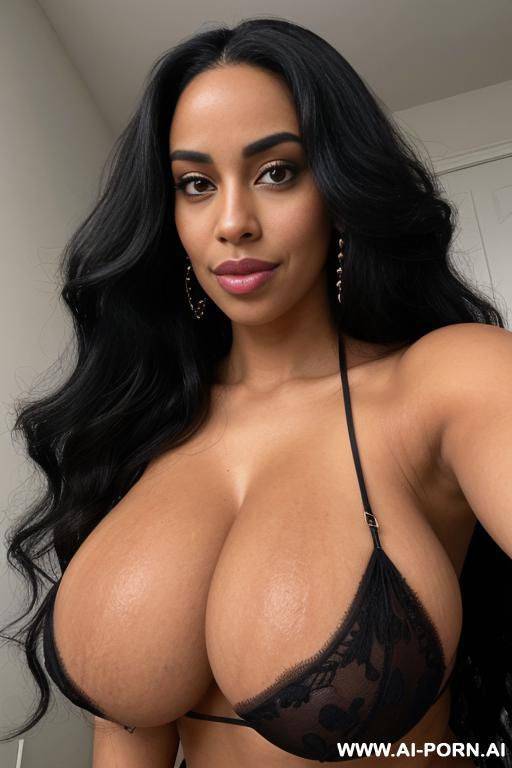british white african mixed race, massive heavy boobs, big lips, large lips, long voluminous wavy hair, extreme closeup from below - #main