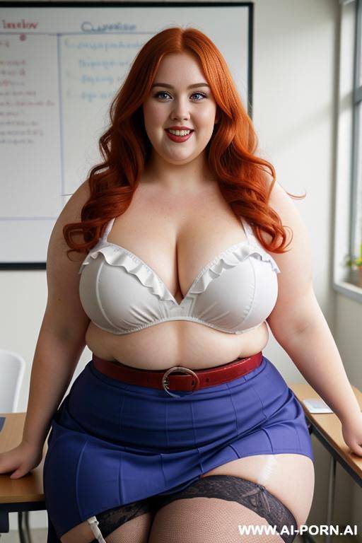 half body photo shot close up, about at classroom, chubby ((very obese but so hot)) redhead fat bbw curvy teacher, wearing a sexy and hot micro colorfull ruffle skirt, and stocking lingeries, no top. teaching to the classroom. ((dynamic angle)) - #main