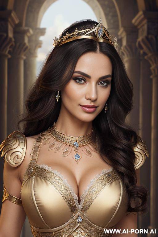 (gorgous strong goddess), triangular face, pointed chin, pouty lips, big lips, (traditional outfit), (voluminous flowing hair), ((d cup firm boobs)), (eye contact), (huge sparkling eyes), (traditional - #main
