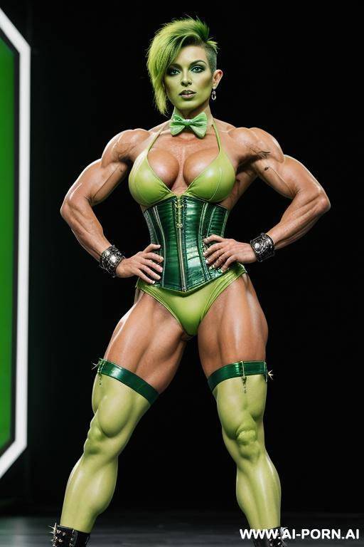 green skin colour, green face, green body, muscular female, ufo, beautifull face, dark-green lipstick, elf, ufo, bow tie, ufo green skin, ufo sexy green skin space ufo elf, beautifull face, bow tie, latex corset - #main
