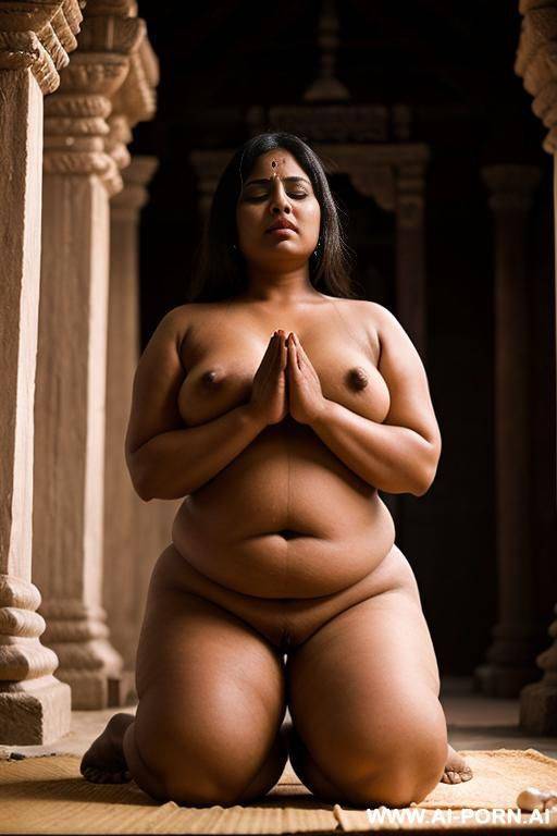 ancient indian devote chubby fullnaked female servant with shaved vagina is praying in a temple - #main