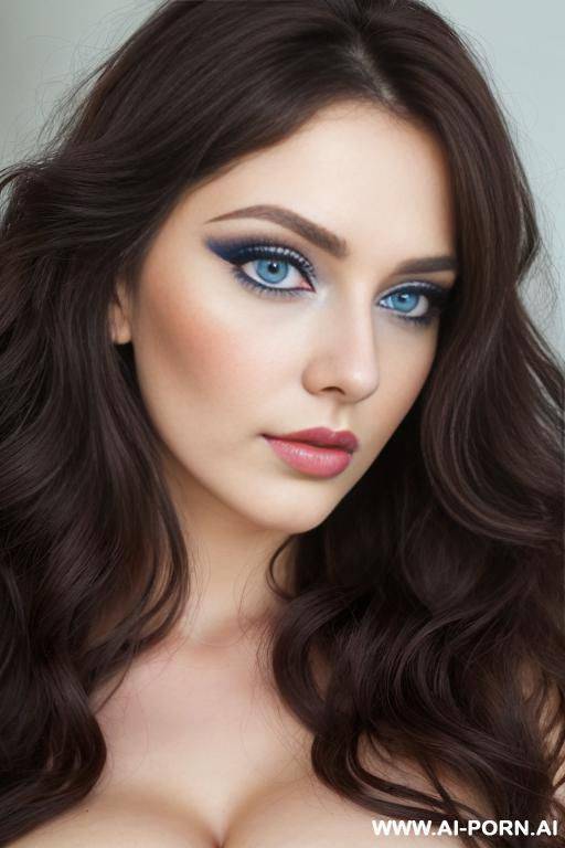 soft delicate features, full lips, big blue eyes, dark brown hair, beautiful soft make up, tear drop breasts, beautiful woman, natural big breasts, full body view - #main