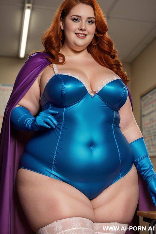 close up half body photo shot, about at classroom, chubby ((very obese and handlovess)) fat bbw super-heroine comic, wearing a hot heroine (electric and luminous colors suit), with a flowing cape and gloves, and stocking. - #main