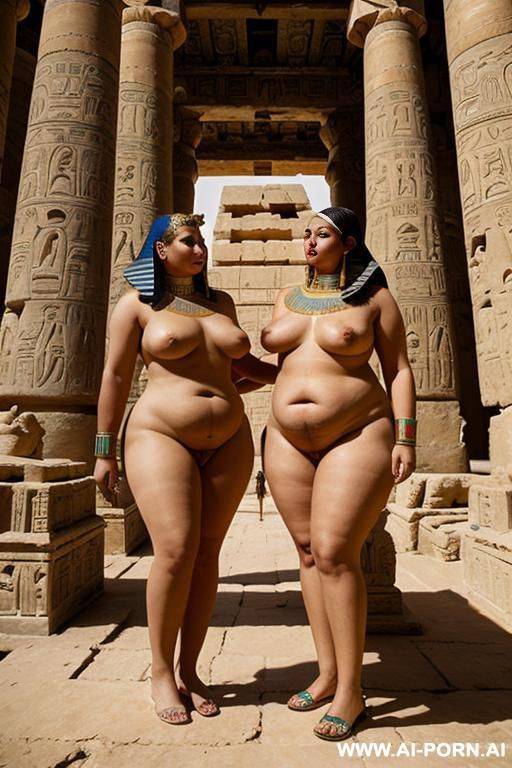 two ancient egyptian chubby rich females in a colourful ancient egyptian temple with one devote full naked egyptian chubby female servant with shaved vagina - #main