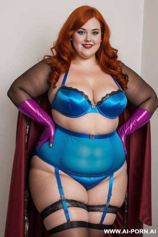 close up half body photo shot, about at classroom, chubby ((very obese and handlovess)) fat bbw super-heroine comic, wearing a hot heroine (electric and luminous colors suit garter belt), with a flowing cape and gloves, and stocking. - #main