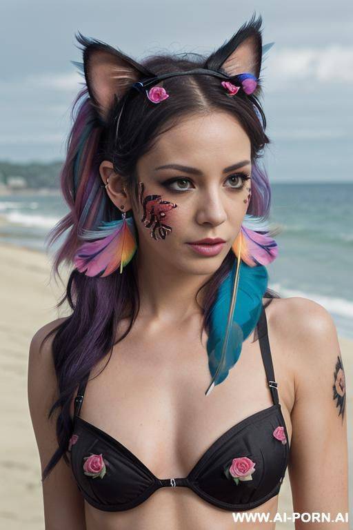 face, sexy, beautiful, ((face painting)), ((bikini as seashell)), ((tattoo roses)), ((eyes shw)), ((angel wings)), ((rainbow hair)), ((sexy expression)), ((long bu hair)), ((wind)), (( cat face)), (( cat - #main