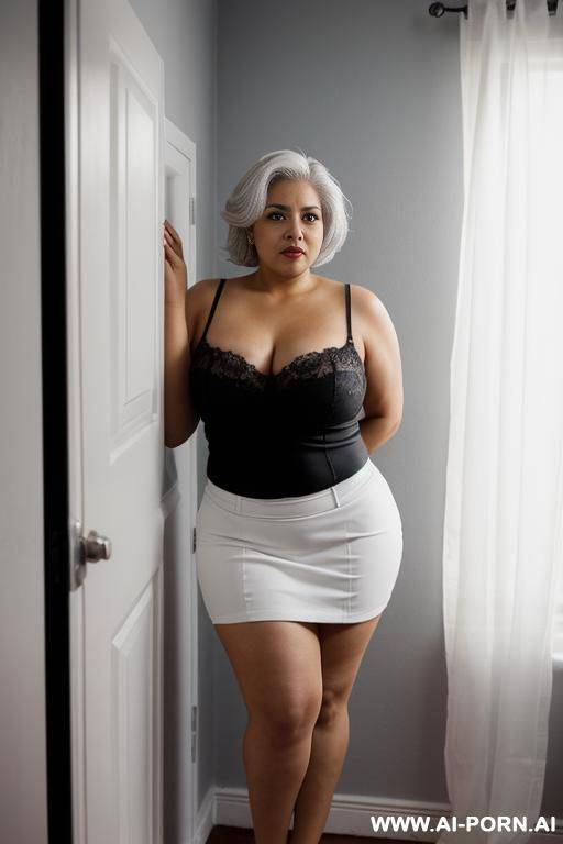 extremely short latina woman, standing in a bedroom with grey walls - #main