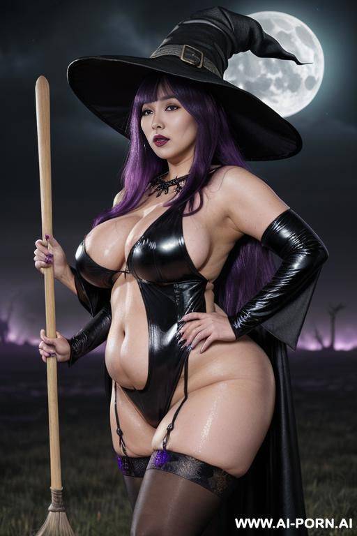 ((((gigantic breasts, massive saggy boobs)))), ((thick thighs, puffy nipples, morbidly obese, fat, big ass, body rolls, big belly)), ((naked, greassy, oily)), ((witch hat, broom, boots, high stockings, - #main
