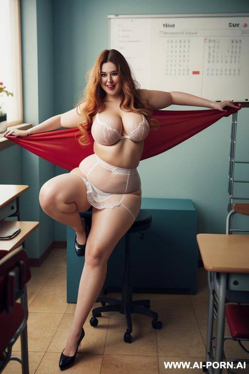 half body photo shot close up, about at classroom, chubby ((very obese)) redhead fat bbw curvy teacher, wearing a sexy and hot micro red ruffle skirt, and stocking lingeries, simple top. teaching to the classroom. ((dynamic angle)), long hair - #main