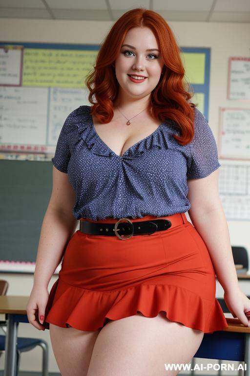 close up half body photo shot, about at classroom, chubby very obese redhead fat bbw curvy teacher, wearing a sexy and hot micro red ruffle skirt, and elegant top, teaching to the classroom. - #main