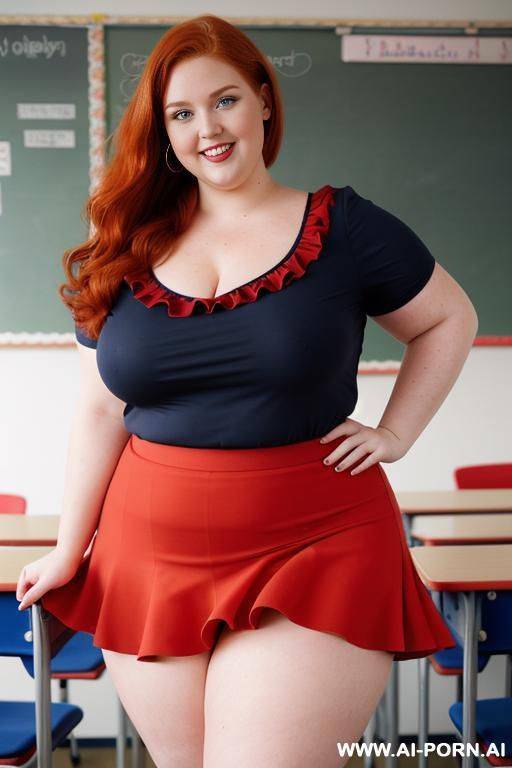 close up full body photo shot, about at classroom, chubby very obese redhead fat bbw curvy teacher, wearing a sexy and hot micro red ruffle skirt, and elegant top, teaching to the classroom. - #main
