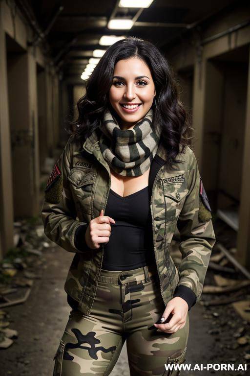 (dark abandoned underground laboratory); (d-cup); (camo army jacket); (tight utility pants); (scarf) - #main
