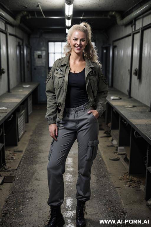 (dark abandoned underground laboratory); (c-cup); (grey army jacket); (army pants); (ponytail) - #main