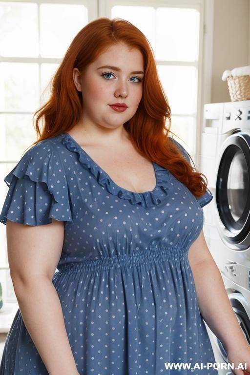 half-length photo, ((half body photo shot close up)). as a set in the laundry area, a (((very obese))) fat chubby fat thick and bbw redhead british, ((she is washing clothes)). she has - #main