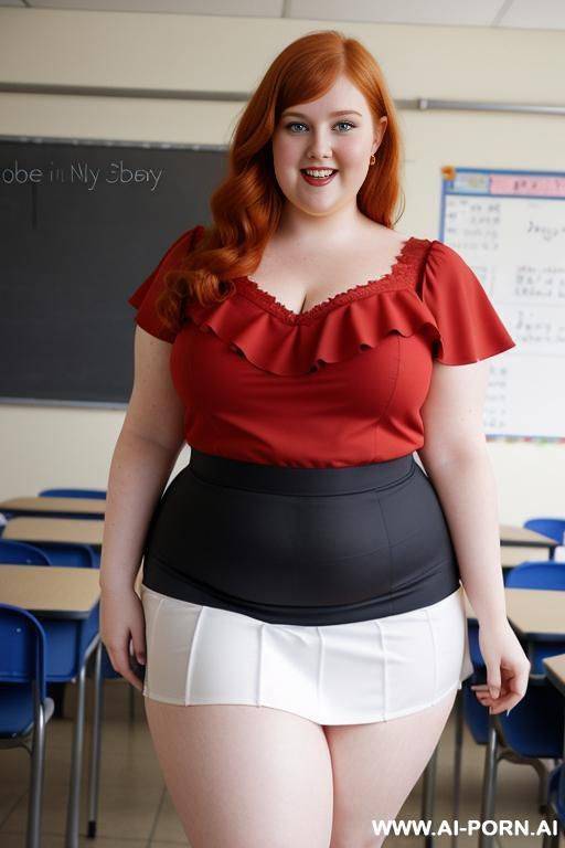 close up full body photo shot, about at classroom, chubby very ((very obese)) redhead fat bbw curvy teacher, wearing a sexy and hot micro red ruffle skirt, and elegant top, teaching to the classroom. - #main