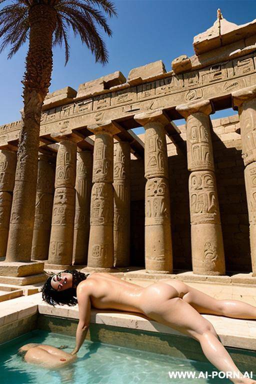 two ancient egyptian chubby naked female temple servants with shaved vaginas are laying on a water bassin under palms - #main