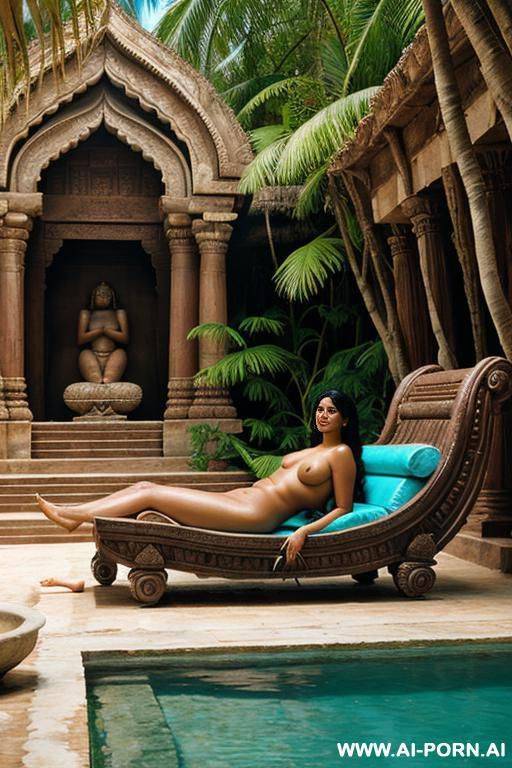 one ancient indian chubby full naked female temple servant with shaved vagina is reclining on a water bassin under palms - #main