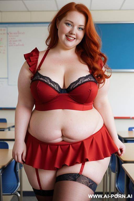 half body photo shot close up, about at classroom, chubby ((very obese)) redhead fat bbw curvy teacher, wearing a sexy and hot micro red ruffle skirt, and stocking lingeries, simple top. teaching to the classroom. ((dynamic angle)) - #main