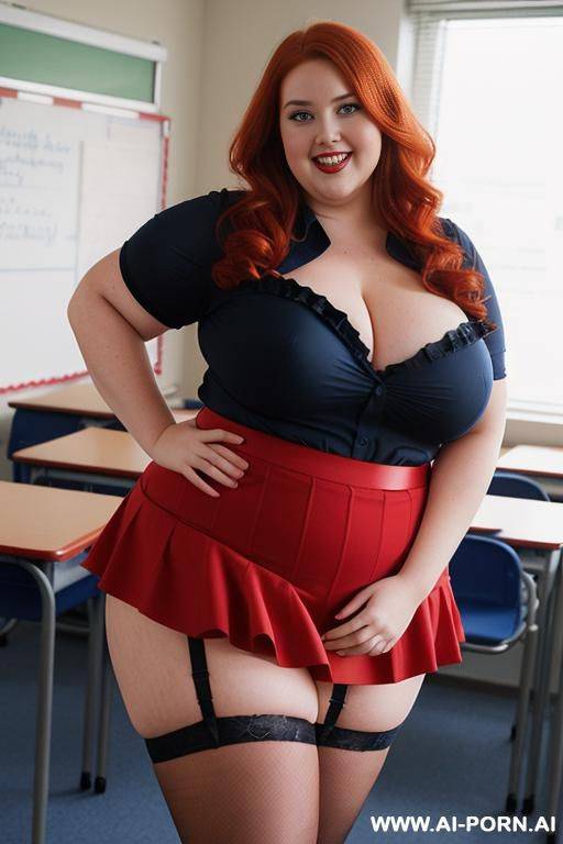 half body photo shot, about at classroom, chubby (very obese) redhead fat bbw curvy teacher, wearing a sexy and hot micro red ruffle skirt, and stocking garter belt lingeries, teaching to the classroom. ((dynamic angle)) - #main
