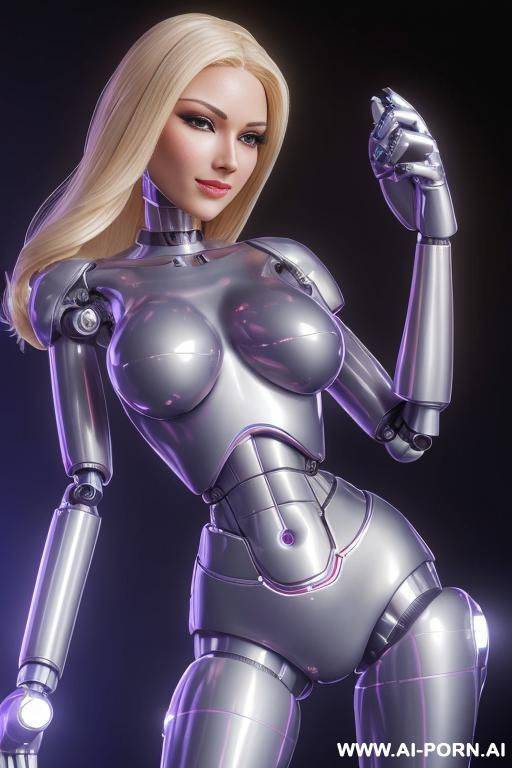 busty robot cop, front view, full body view, looking at viewer, seductive smile, beautiful, long straight blonde hair, (fully robotic body, shapely robotic arms, shapely robotic legs:1.3), ultra-high - #main
