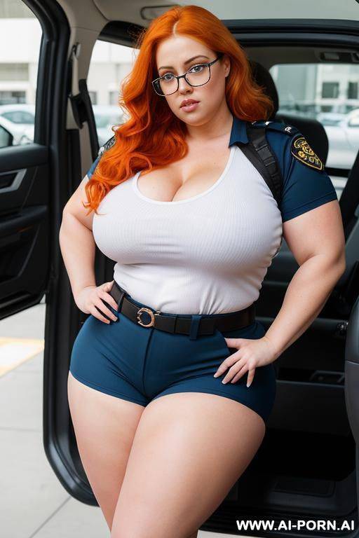 sexy security guard with huge thighs, thick thighs, orange hair, blue eyes, wavy hair, hyper thighs, extremely beautiful, muscled bulked up thighs, fat thighs, obese thighs, glasses - #main