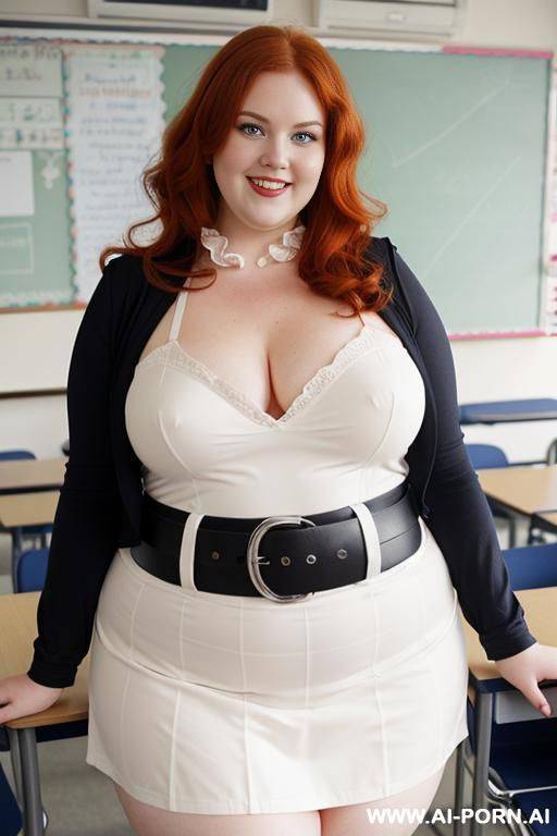 close up half body photo shot, about at classroom, chubby very obese redhead fat bbw curvy teacher, wearing a sexy and hot micro red ruffle skirt, and elegant top, teaching to the classroom. - #main