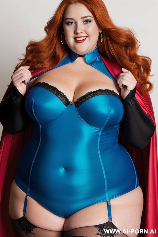 close up half body photo shot, about at classroom, chubby ((very obese and handlovess)) fat bbw super-heroine comic, wearing a hot heroine (electric and luminous colors suit), with a flowing cape and gloves, and stocking. - #main