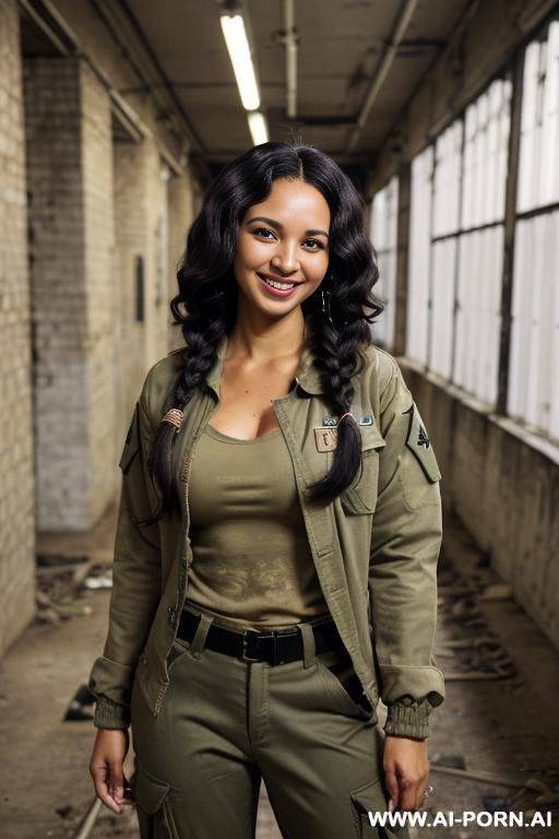 (dark abandoned underground laboratory); (mixed race south african); (natural big c-cup); ((army jacket & t-shirt); (long army pants); (au naturel) - #main