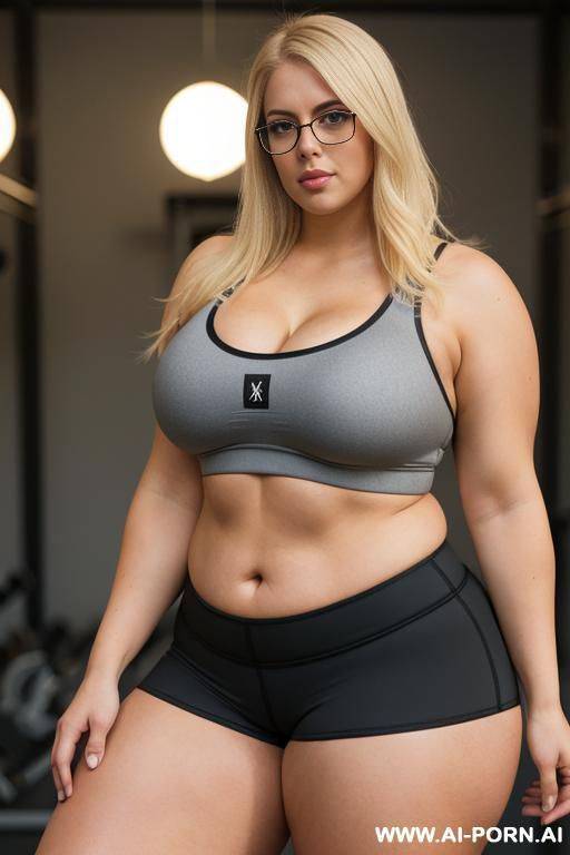 (thick rimmed glasses) (sports bra), massive thighs, gigantic thighs, obese thighs, muscled bulked up thighs, huge thighs - #main