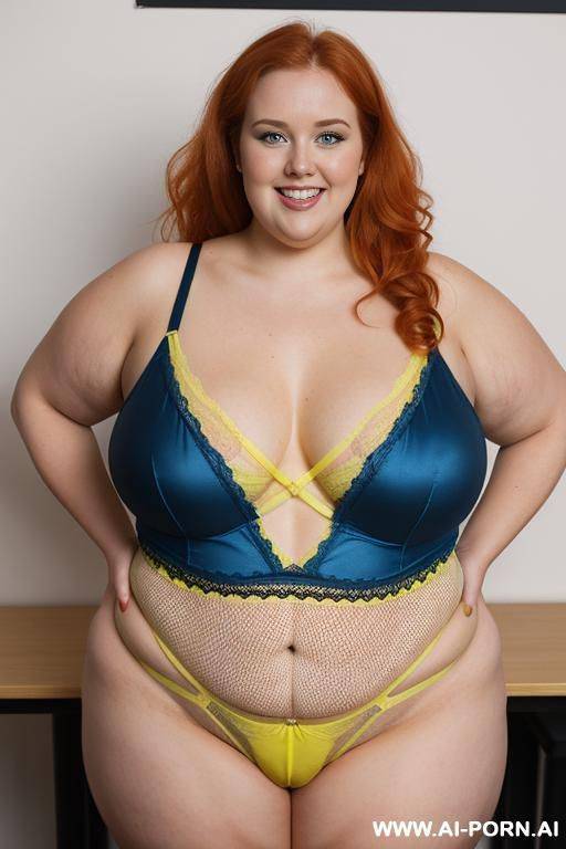 half body photo shot, about at classroom, so fat bbw curvy with love handless and tummy, wearing a sexy and ((hot yellow fishnet lingeries)), she has a surprise party class, ((very obese)), she is very happy and jumping - #main