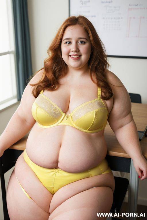 (half body photo shot), about at classroom, ((thick thighs, (((obese))), fat, body rolls, big belly), ((wide hips, lay down on the desk, hands above the head)), ((micro yellow garter belt lingeries)). - #main