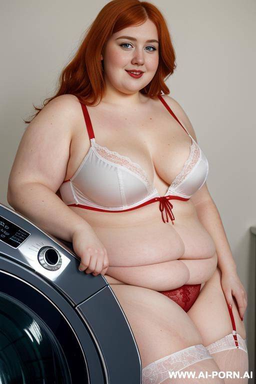 half-length photo, ((half body photo shot close up)). as a set in the laundry area, a (((very obese and fat))) fat chubby fat thick and bbw redhead british, ((she is washing clothes)). she - #main